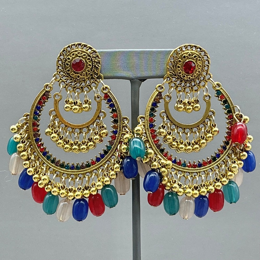 Dangle Hoop Earrings Women Gold Multicolor Jhumka Chandelier Boho Ethnic Beads